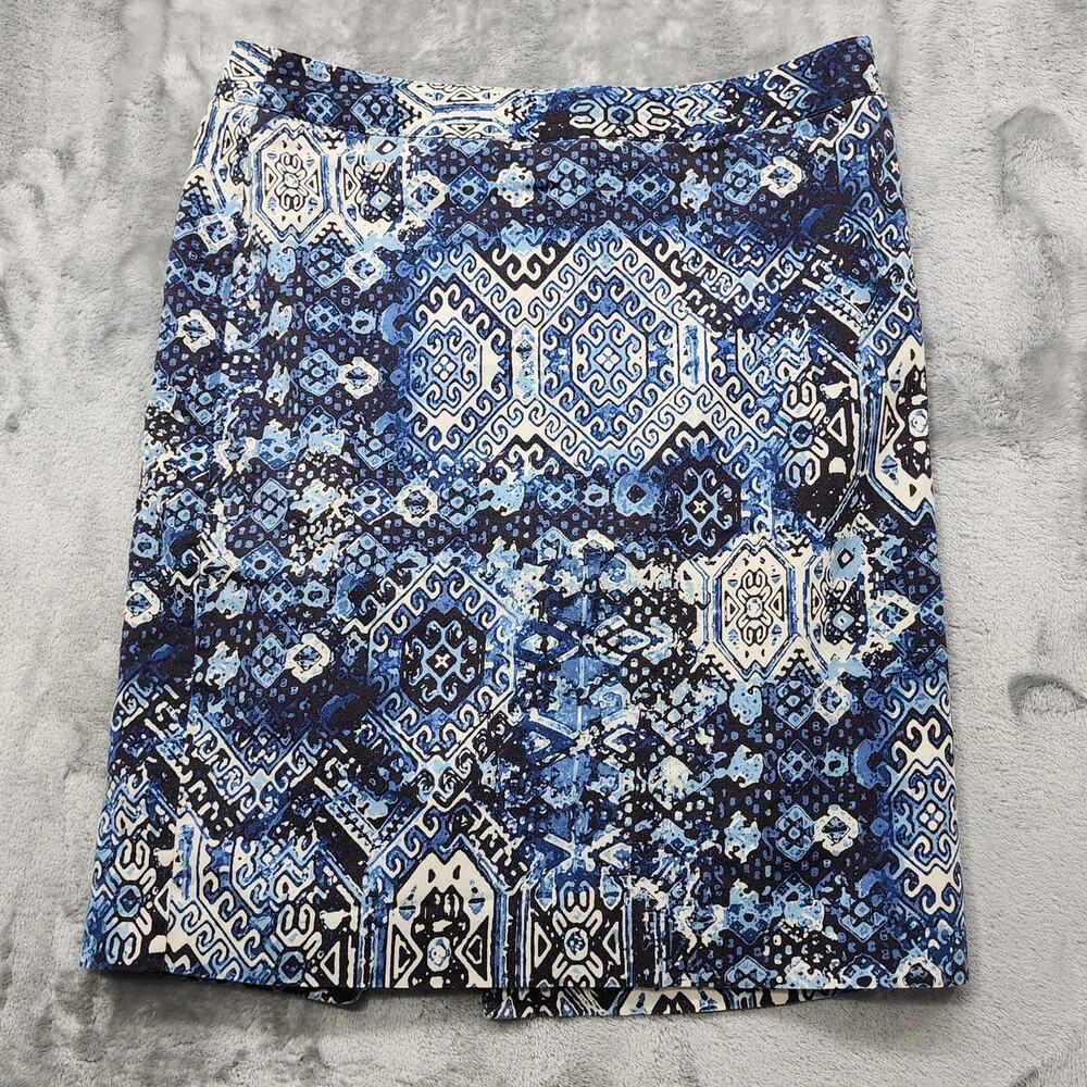 Van Heusen Studio Skirt Women 10 Blue Geometric Print Pencil Lined Cotton Preppy